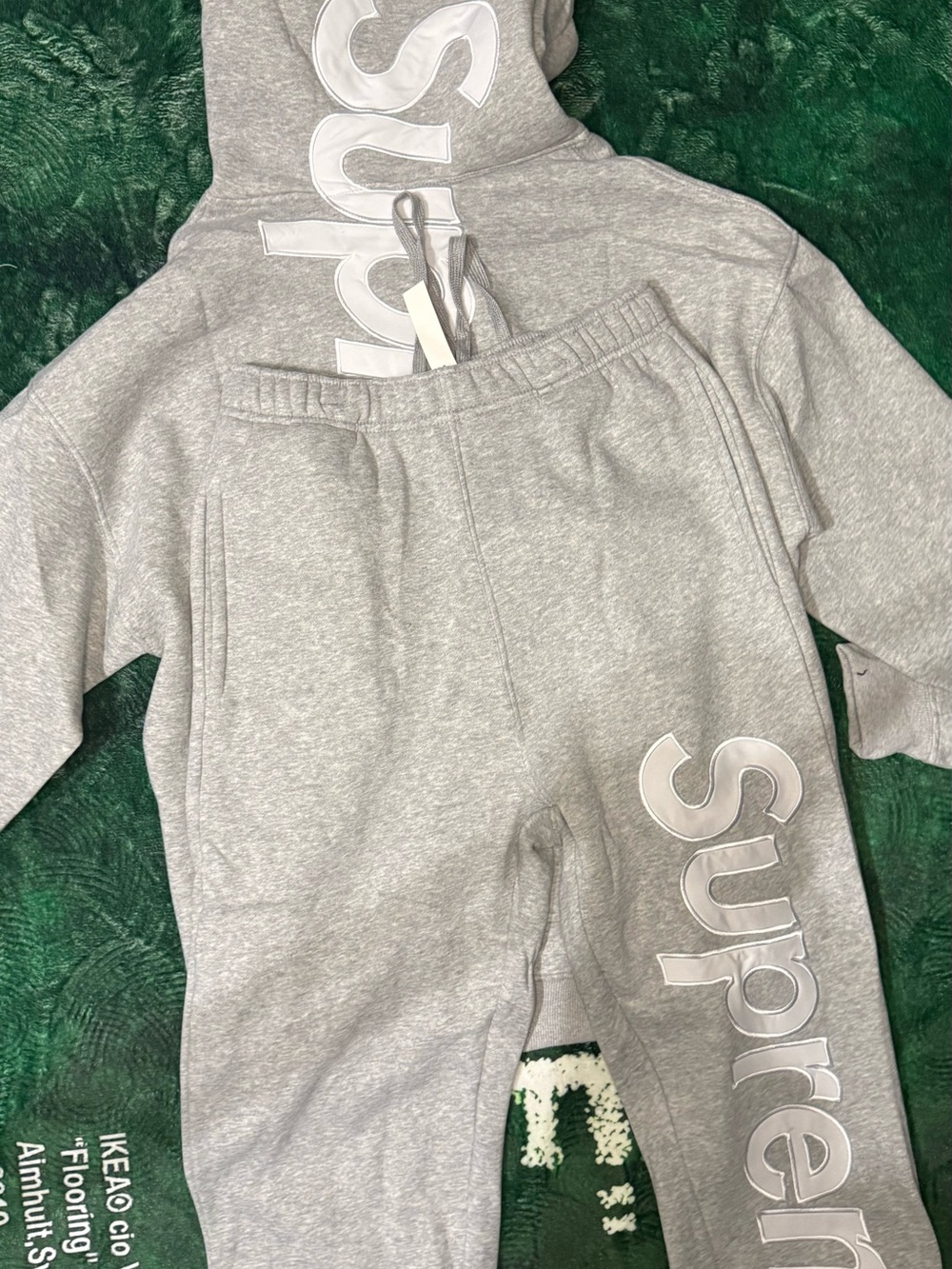 Grey Supreme Satin Appilqué Hooded Sweatshirt & Sweatpant Set